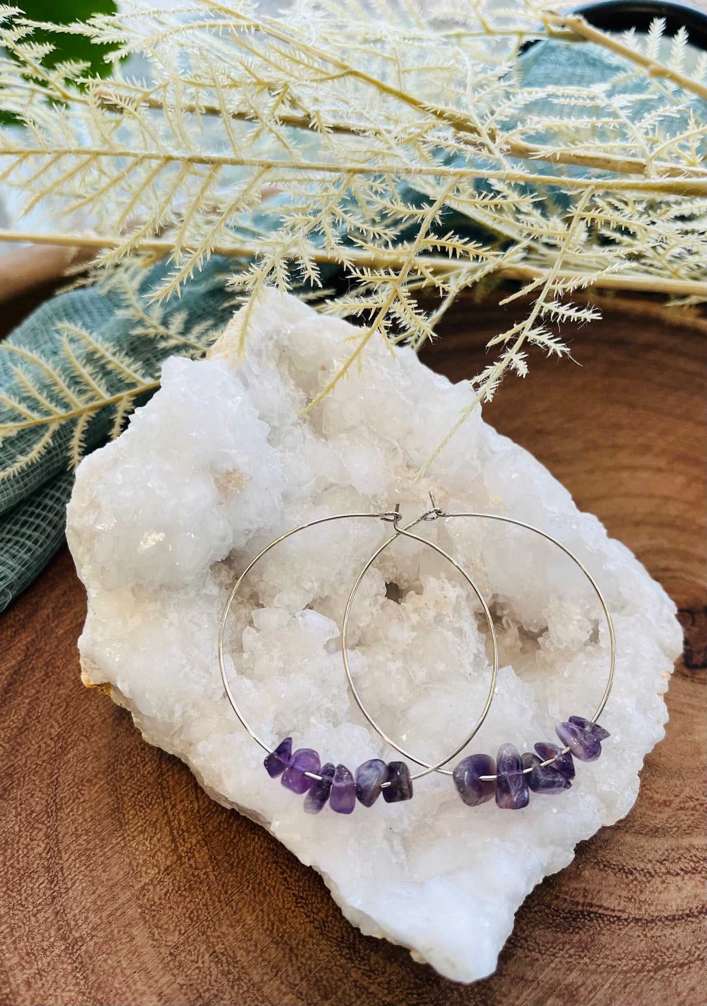 Silver hoops with Amethyst chips