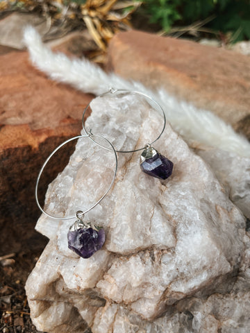 Silver hoops with Amethyst chunk