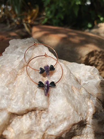 Rose gold hoops with Amethyst and Hematite